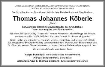 Traueranzeige von Thomas Johannes Köberle von Allgäuer Anzeigeblatt
