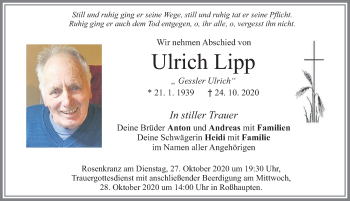 Traueranzeige von Ulrich Lipp von Allgäuer Zeitung, Füssen
