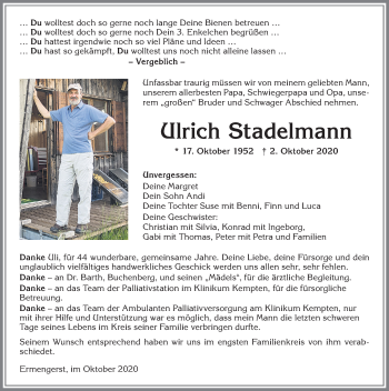 Traueranzeige von Ulrich Stadelmann von Allgäuer Zeitung,Kempten
