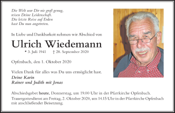 Traueranzeige von Ulrich Wiedemann von Der Westallgäuer