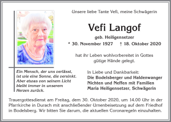 Traueranzeige von Vefi Langof von Allgäuer Zeitung,Kempten