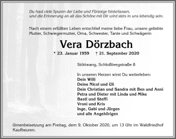 Traueranzeige von Vera Dörzbach von Allgäuer Zeitung, Kaufbeuren/Buchloe