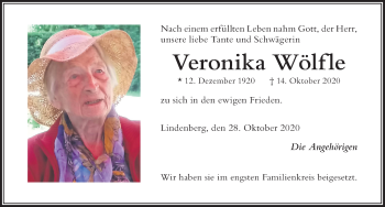 Traueranzeige von Veronika Wölfle von Der Westallgäuer