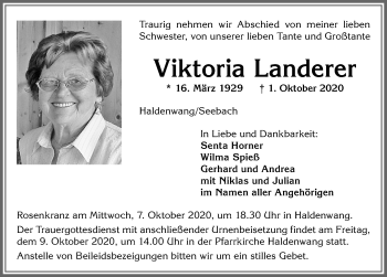 Traueranzeige von Viktoria Landerer von Allgäuer Zeitung,Kempten