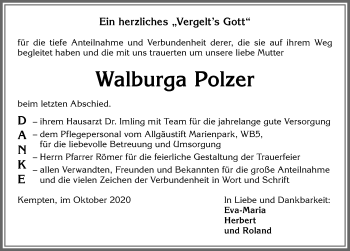 Traueranzeige von Walburga Polzer von Allgäuer Zeitung,Kempten