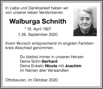 Traueranzeige von Walburga Schnith von Memminger Zeitung