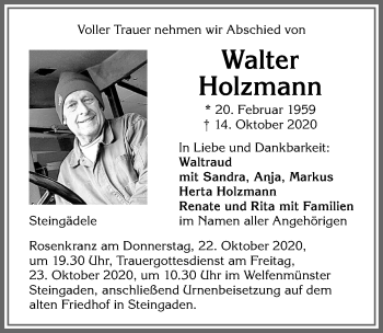 Traueranzeige von Walter Holzmann von Allgäuer Zeitung, Füssen