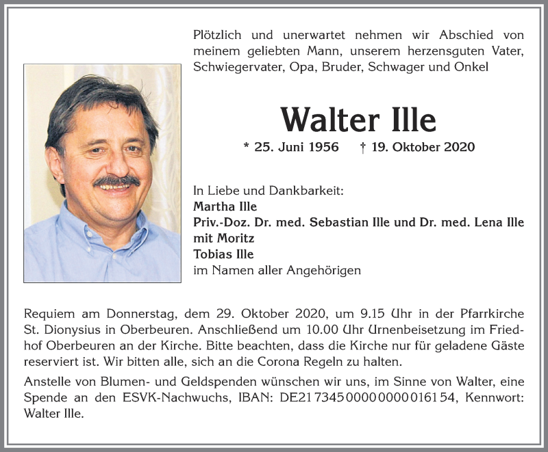  Traueranzeige für Walter Ille vom 24.10.2020 aus Allgäuer Zeitung, Kaufbeuren/Buchloe