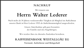 Traueranzeige von Walter Lederer von Der Westallgäuer