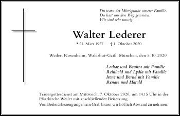Traueranzeige von Walter Lederer von Der Westallgäuer