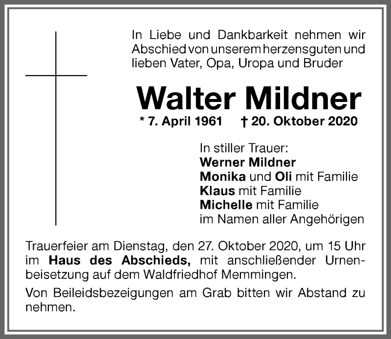  Traueranzeige für Walter Mildner vom 24.10.2020 aus Memminger Zeitung