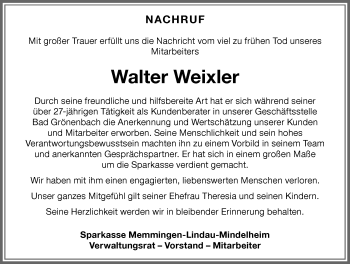 Traueranzeige von Walter Weixler von Memminger Zeitung