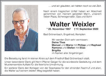 Traueranzeige von Walter Weixler von Memminger Zeitung