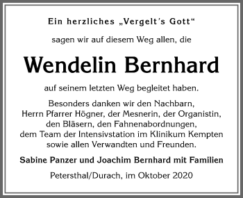 Traueranzeige von Wendelin Bernhard von Allgäuer Zeitung,Kempten