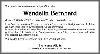 Traueranzeige von Wendelin Bernhard von Allgäuer Zeitung,Kempten