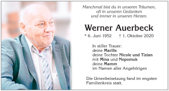Traueranzeige von Werner Auerbeck von Allgäuer Zeitung, Kaufbeuren/Buchloe
