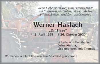 Traueranzeige von Werner Haslach von Allgäuer Zeitung, Füssen