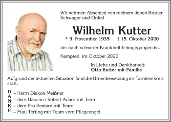 Traueranzeige von Wilhelm Kutter von Allgäuer Zeitung,Kempten