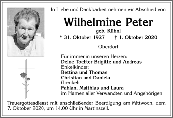 Traueranzeige von Wilhelmine Peter von Allgäuer Zeitung