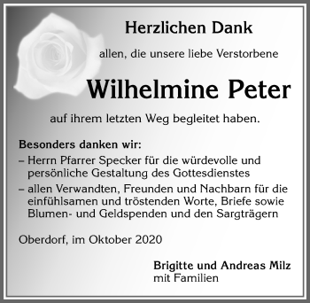 Traueranzeige von Wilhelmine Peter von Allgäuer Zeitung