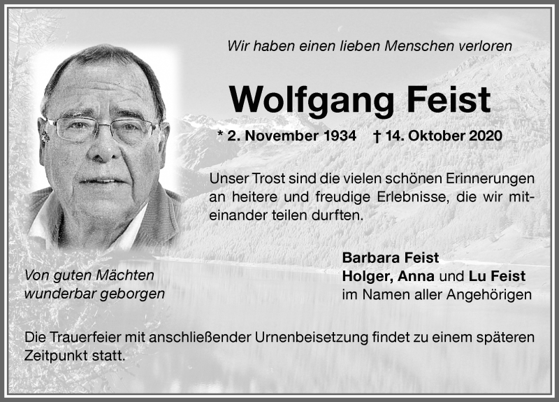  Traueranzeige für Wolfgang Feist vom 20.10.2020 aus Memminger Zeitung