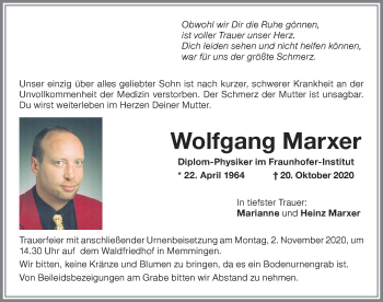 Traueranzeige von Wolfgang Marxer von Memminger Zeitung