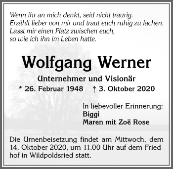 Traueranzeige von Wolfgang Werner von Allgäuer Zeitung