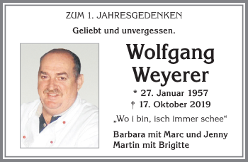 Traueranzeige von Wolfgang Weyerer von Allgäuer Zeitung, Füssen