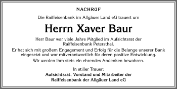 Traueranzeige von Xaver Baur von Allgäuer Zeitung,Kempten