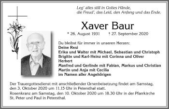 Traueranzeige von Xaver Baur von Allgäuer Zeitung,Kempten