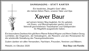 Traueranzeige von Xaver Baur von Allgäuer Zeitung,Kempten