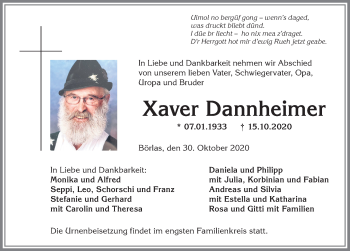 Traueranzeige von Xaver Dannheimer von Allgäuer Anzeigeblatt