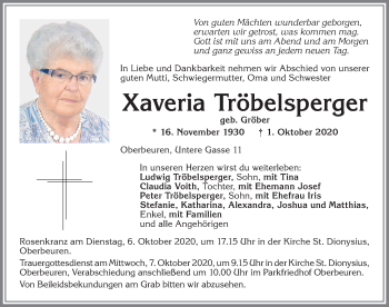 Traueranzeige von Xaveria Tröbelsperger von Allgäuer Zeitung, Kaufbeuren/Buchloe