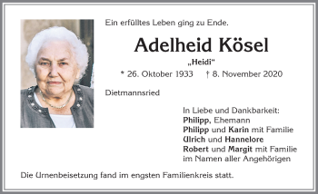 Traueranzeige von Adelheid Kösel von Allgäuer Zeitung,Kempten