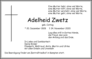 Traueranzeige von Adelheid Zwetz von Allgäuer Zeitung,Kempten