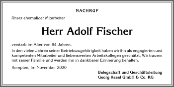 Traueranzeige von Adolf Fischer von Allgäuer Zeitung,Kempten