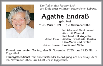 Traueranzeige von Agathe Endraß von Allgäuer Zeitung, Kaufbeuren/Buchloe