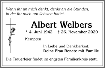 Traueranzeige von Albert Welbers von Allgäuer Zeitung,Kempten