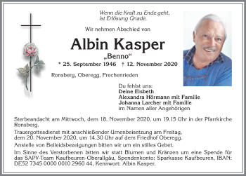Traueranzeige von Albin Kasper von Allgäuer Zeitung, Marktoberdorf