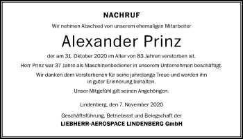 Traueranzeige von Alexander Prinz von Der Westallgäuer