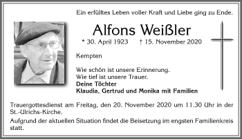Traueranzeige von Alfons Weißler von Allgäuer Zeitung,Kempten