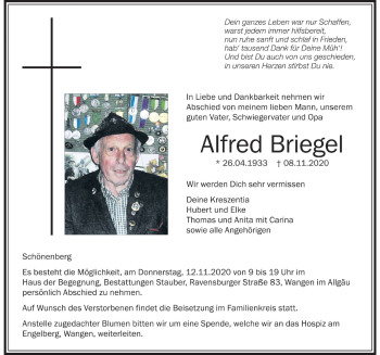 Traueranzeige von Alfred Briegel von Der Westallgäuer