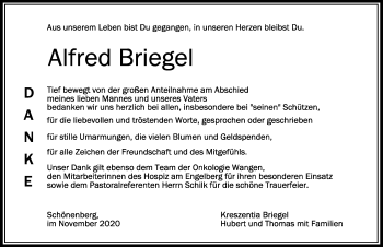Traueranzeige von Alfred Briegel von Der Westallgäuer