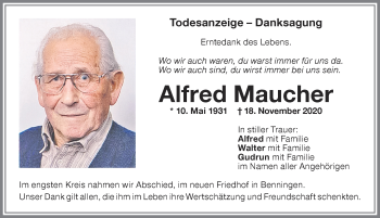 Traueranzeige von Alfred Maucher von Memminger Zeitung