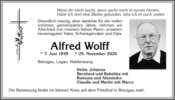 Traueranzeige von Alfred Wolff von Allgäuer Zeitung,Kempten