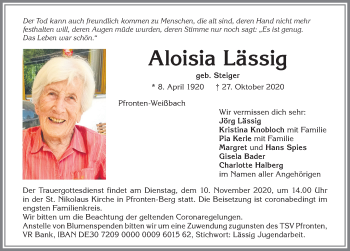 Traueranzeige von Aloisia Lässig von Allgäuer Zeitung, Füssen