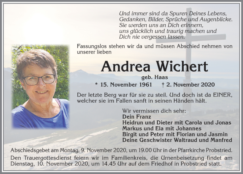  Traueranzeige für Andrea Wichert vom 07.11.2020 aus Allgäuer Zeitung,Kempten