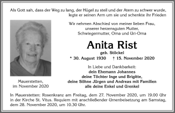 Traueranzeige von Anita Rist von Allgäuer Zeitung, Kaufbeuren/Buchloe