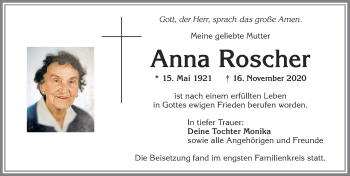 Traueranzeige von Anna Roscher von Allgäuer Zeitung, Kaufbeuren/Buchloe