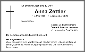 Traueranzeige von Anna Zettler von Memminger Zeitung